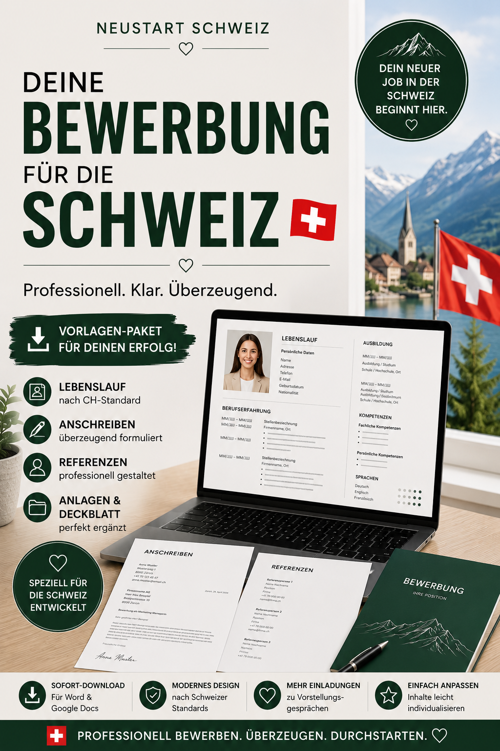Bewerbungsdossier Schweiz – Lebenslauf & Anschreiben Vorlage