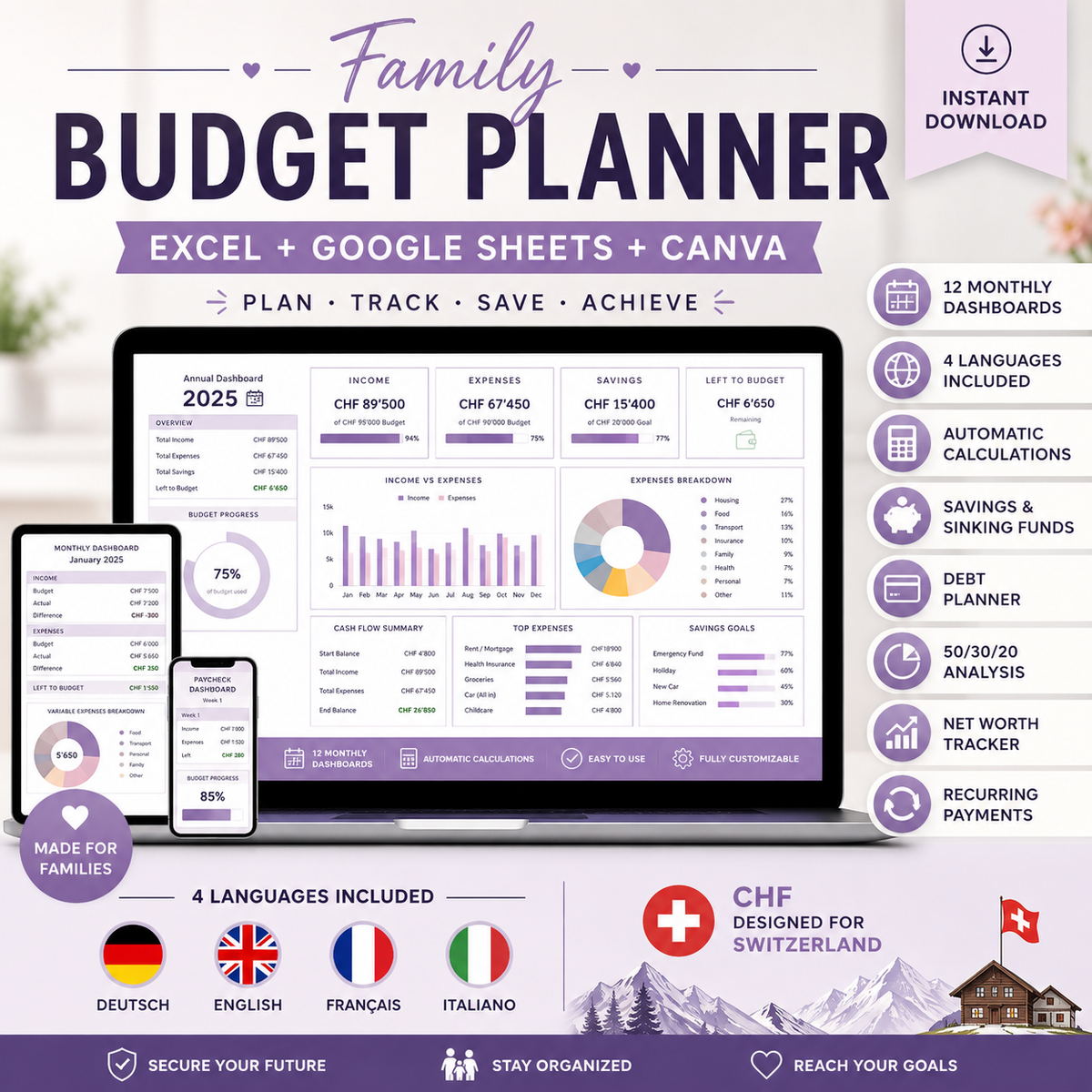 Family Budget Planner Switzerland | Excel & Google Sheets | DE EN FR IT
