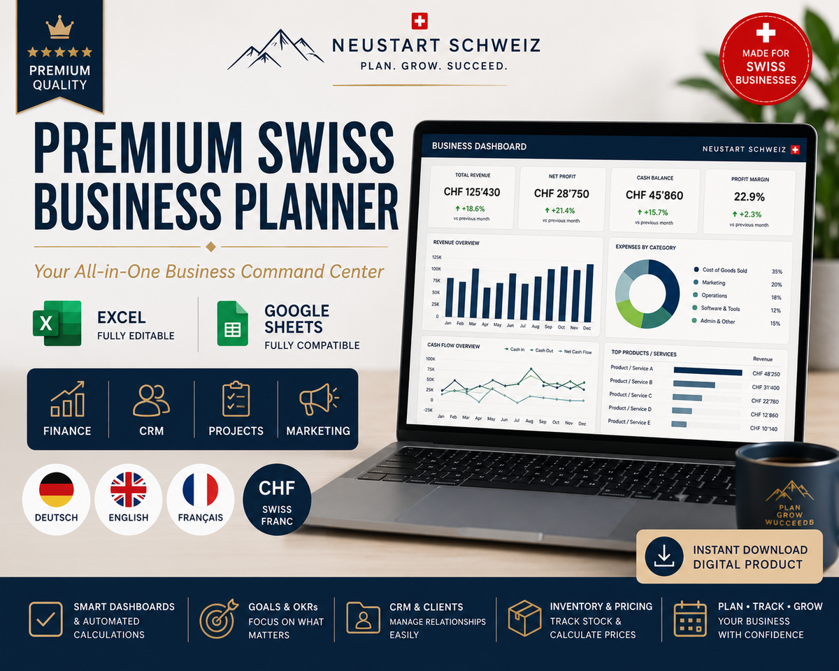 Premium Swiss Business Planner | Excel & Google Sheets | DE EN FR