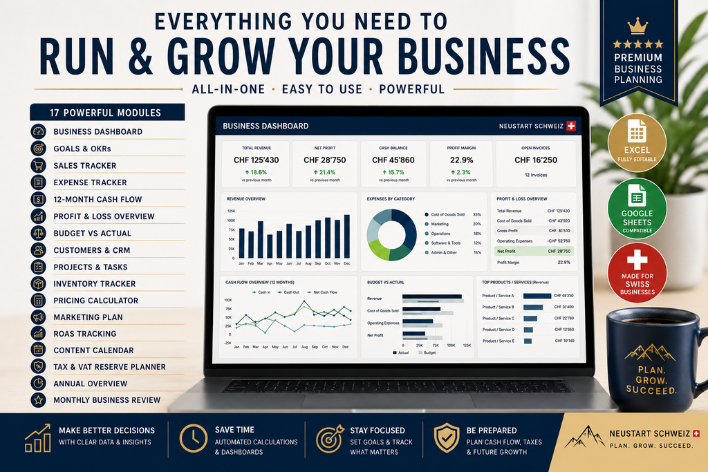 Premium Swiss Business Planner | Excel & Google Sheets | DE EN FR