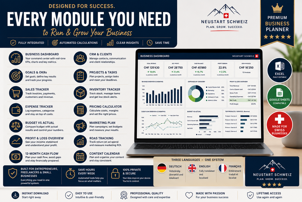 Premium Swiss Business Planner | Excel & Google Sheets | DE EN FR