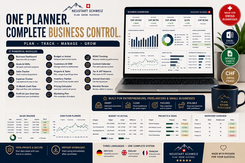 Premium Swiss Business Planner | Excel & Google Sheets | DE EN FR
