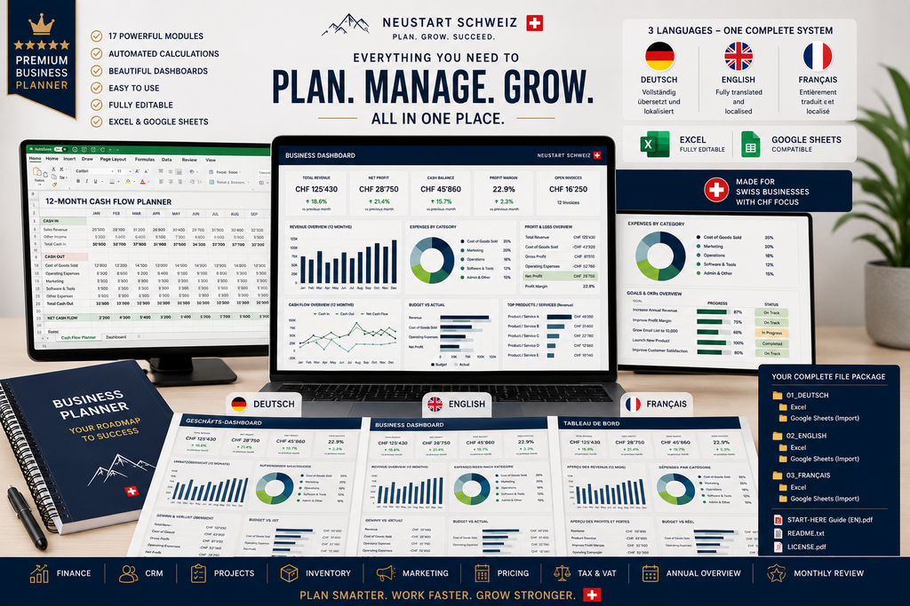Premium Swiss Business Planner | Excel & Google Sheets | DE EN FR