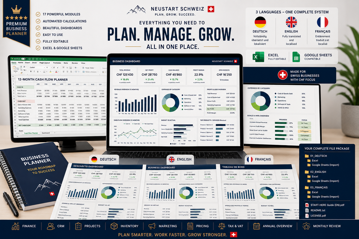 Premium Swiss Business Planner | Excel & Google Sheets | DE EN FR