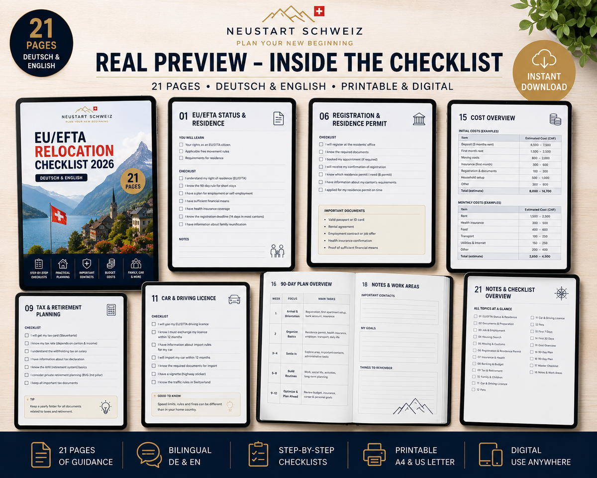 Moving to Switzerland Checklist | EU/EFTA Relocation Planner 2026 | DE & EN