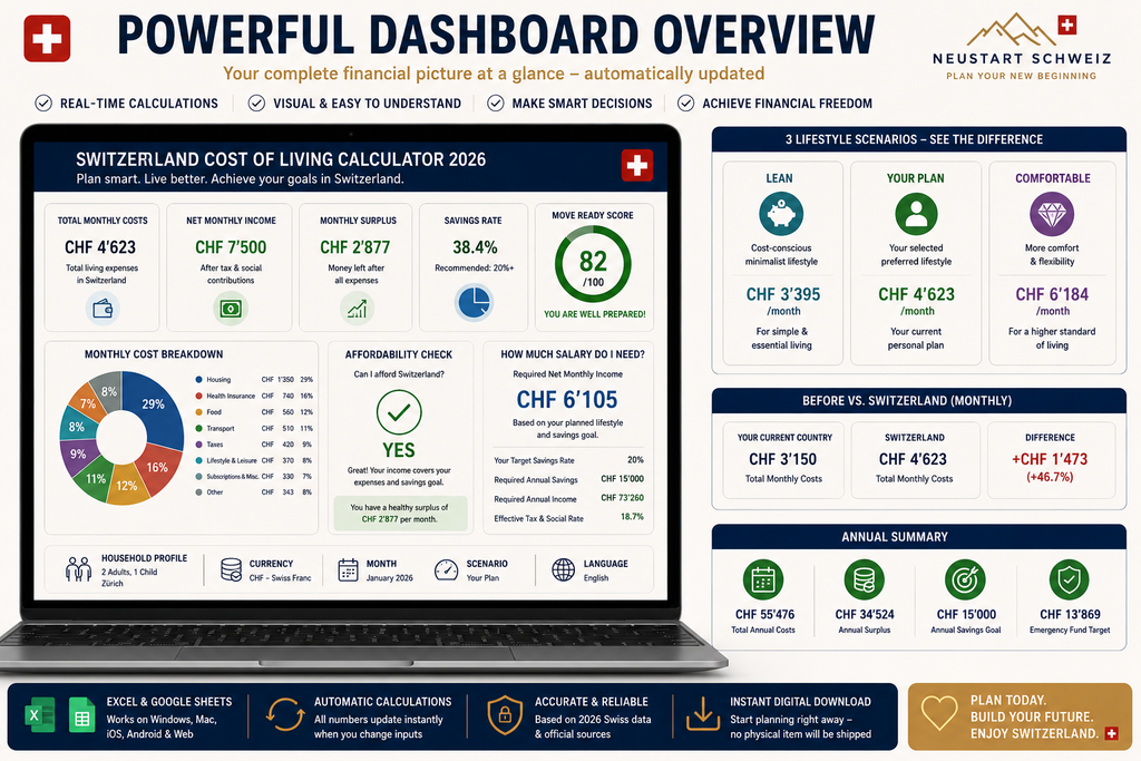 Switzerland Cost of Living Calculator 2026 | Excel & Google Sheets