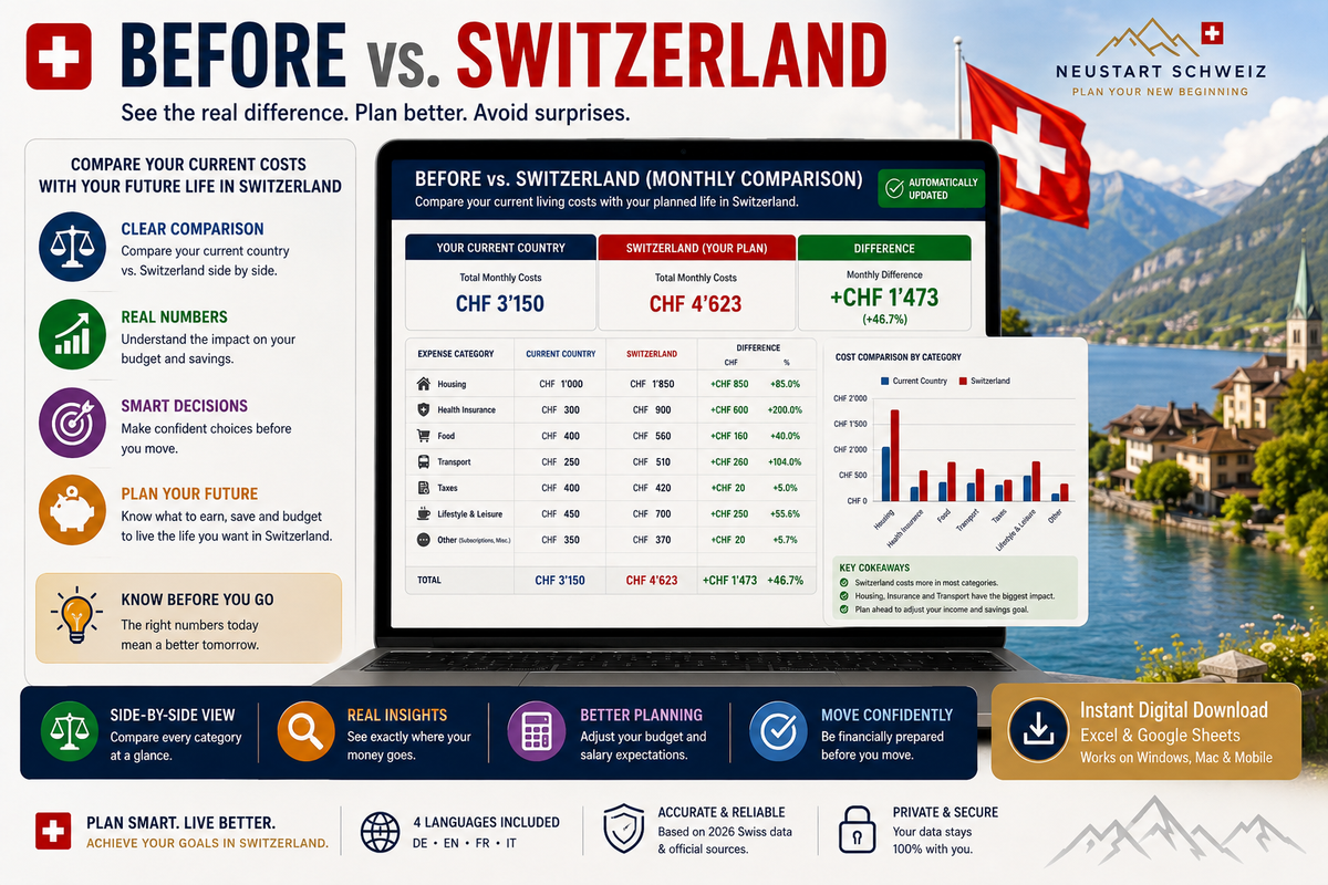 Switzerland Cost of Living Calculator 2026 | Excel & Google Sheets